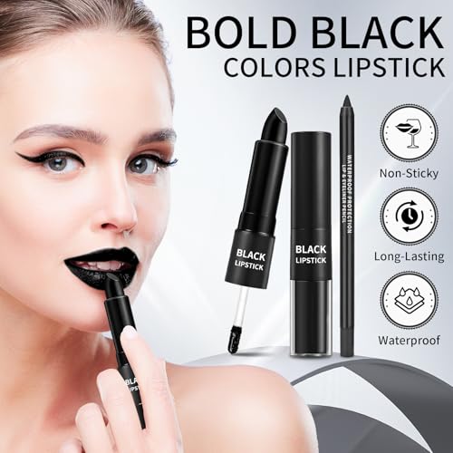 AWCCXMYM 2Pcs Black Lipstick Matte Lip Gloss Non-Sticky Lip Stain Black Liquid Lipstick Long Lasting Waterproof Lip Liner Set Christmas Festival Party Cosplay Halloween Makeup