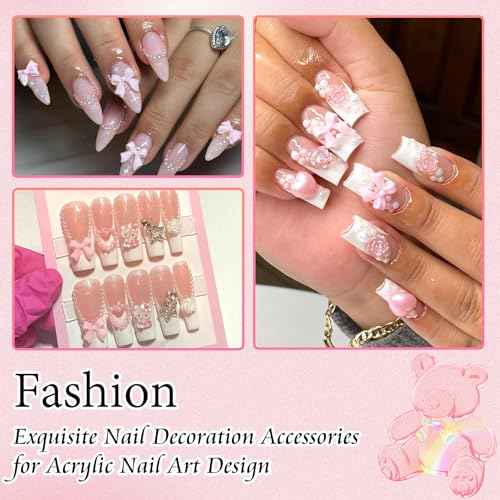 300Pcs Bow Charms and Flatback Pearls, Pink Bowknot 3D Cute Nail Supplies for Acrylic Design, 3-5mm White Half Pearls for Jewelry DIY Crafts Art Decoration Accessories