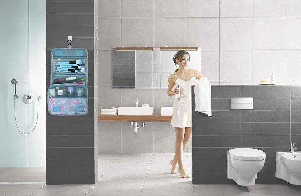 Trawila Travel Hanging Toiletry Bag Cosmetic Bag Makeup Organizers for Men & Women with Sturdy Hook (Light Blue Flamingo)