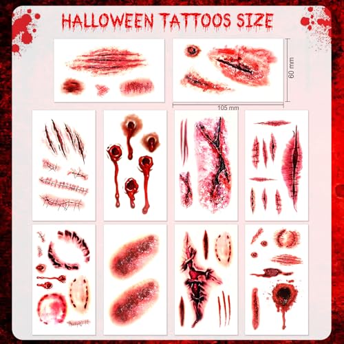 HOWAF 1pcs Halloween Zombie Prom Queen Sash with 10 Sheets Halloween Bloody Temporary Tattoos, Bloody Splattered Prom Queen Sash Fake Scar Body Tattoos for Hallows' Eve Party Zombie Costume Cosplay