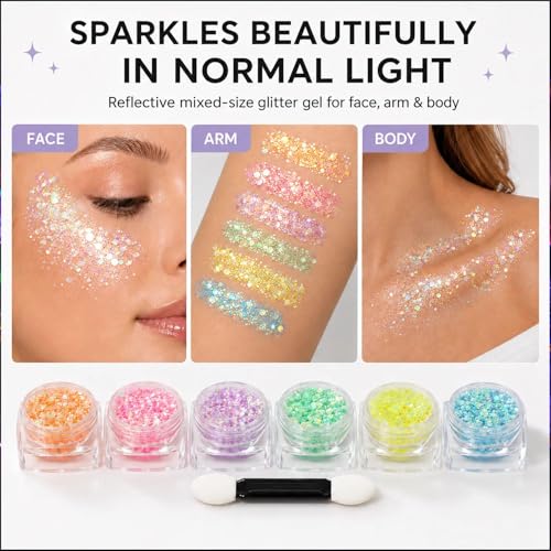 Glow in the Dark Glitter Gel Set - 6 Colors for Body & Face