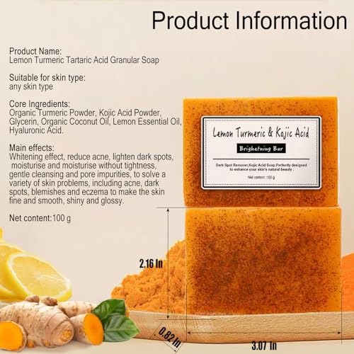 2PCS Lemon Turmeric Kojic Soap,Turmeric Soap Bar,Natural Gentle Cleanser for Face and Body,Natural Handmade So ap for Men, Women