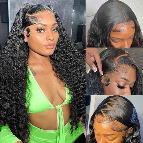 13x6 Deep Wave Lace Front Wigs Human Hair Curly Wigs for Women 200% Density Deep Wave Lace Frontal Wet and Wavy Wigs Human Hair Pre Plucked with Natural Hairline Natural Color 36 Inch