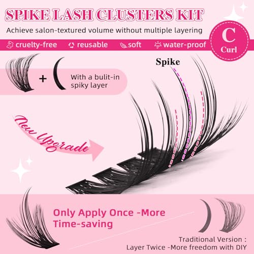PROLASHBEAUTY Spiky Lash Clusters Manga Lash Clusters Kit 80 Thick Individuals Lashes with Spikes Lash Bond and Seal Lash Remover Lash Tweezer Apply at Home(80D, 8-18mix)