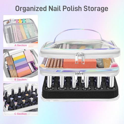 Beloving Nail Polish Organizer, Clear Double Tier Nail Storage Organizer Case Holds 30 Bottles, Portable PVC Nail Tech Bag with Dividers, Nail Polish Supplies Travel Case for Display