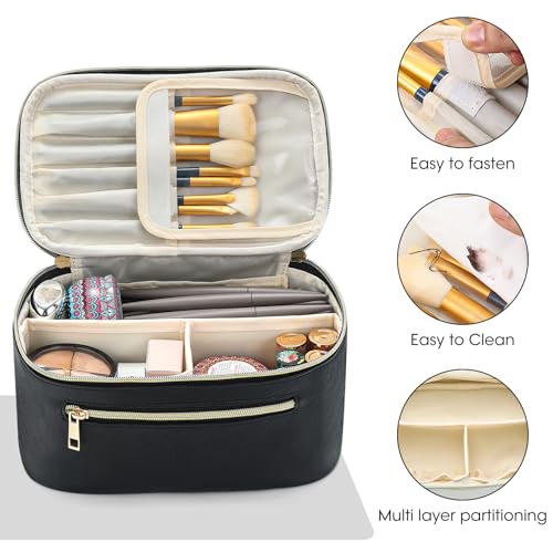 Travel Makeup Bag Organizer, Large Capacity Cosmetic Pouch for Women, Waterproof Make Up with Divider, Clamshell Makeup Case Make Up Bag with Handle and Metal Zipper, Travel Essentials Black