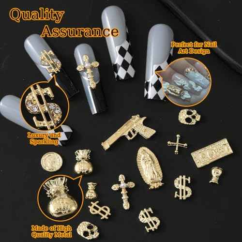 58PCS 3D Nail Charms - Gold Alloy Dollar, Gun, Virgin Mary,Cron & Cross Charms, Shiny Nail Rhinestones for Nail Art, Manicure, DIY Jewelry Making
