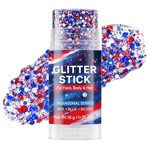Patriotic Red White Blue Glitter Stick for Face & Body Waterproof 4th of July Makeup
