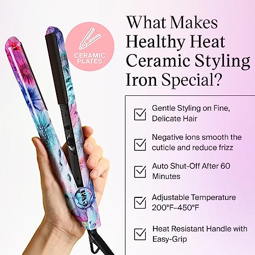 Eva NYC Healthy Heat Ceramic Styling Hair Iron, Flat Iron Hair Straightener with Far-Infrared, Hair Iron Straightener with Adjustable Heat, Straightening & Curling Tool, 1.25 Inches, Floral Frenzy