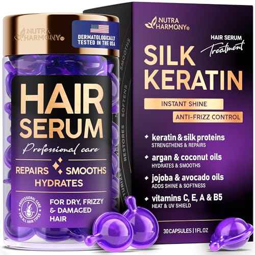Hair Serum Capsules ? Keratin & Silk Protein Hair Treatment with Argan, Coconut, Jojoba & Avocado Oils ? Leave?In Anti?Frizz Hair Oil w/ Vitamins A, E & B5 for Dry, Damaged Hair ? No Rinse, 30 ct