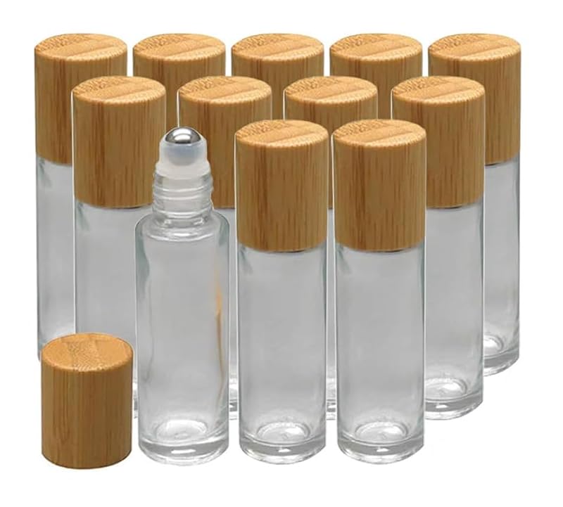 10ml Glass Roll On Bottles with Bamboo Lid – 12 Pack Essential Oil Bottles