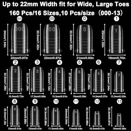 160 Pcs Toe Dual Nail Forms for Poly Gel & Builder Gel Toenail Extension - 16 Sizes Reusable Full Cover Square Toenails Molds - Professional Pedicure Nail Tips for Salon & DIY at Home