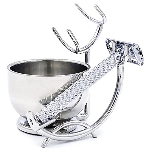SANWA Grooming Shaving Kit for Men,Shaving Razor and Brush Stand with Stainless Steel Shaving Soap Bowl