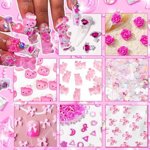 3D Pink Nail Charms Bulk Gummy Bear Butterfly Bow Assorted Nail Charms Set Planet Cherry Gems Cute Heart Star Pearls Nail Charms for Nail Art DIY Supplies Accessories