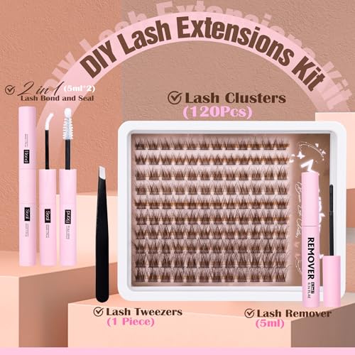 Mavphnee Cozy Brown Lash Cluster Kit 10-16mm with Remover, Tweezers, Bond & Seal