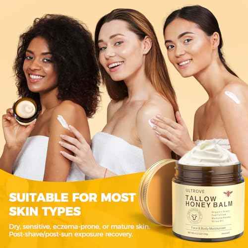 Beef Tallow and Honey Balm for Skin, Natural Face + Body Moisturizer with Organic Grass-Fed Beef Tallow & Raw Wild Honey for Dry & Sensitive Skin, 4.23oz