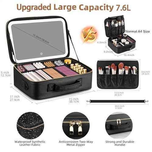 15¡°¡¿11¡°Professional Makeup Train Case,Large Waterproof Travel Makeup bag with Mirror and Light, Leather Black Make up Bag with Mirror and Light,Led Makeup Case with Adjustable Dividers