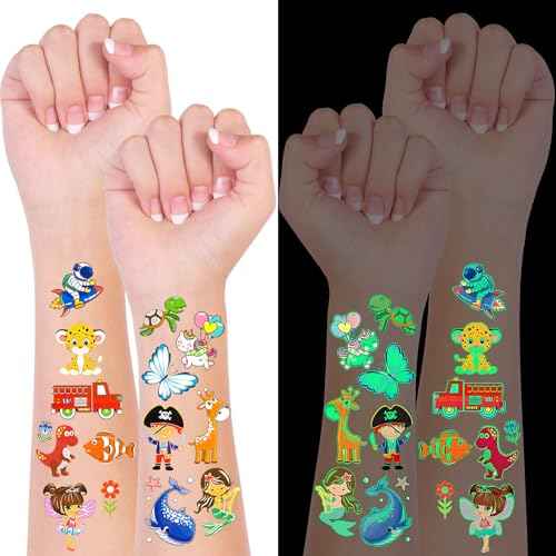 Luminous Tattoos for Kids, 200+ Mixed Styles Temporary Tattoos Stickers Set for Girls and Boys, Space Dinosaur Animals Butterfly Tattoos for Kids Birthday Party Supplies