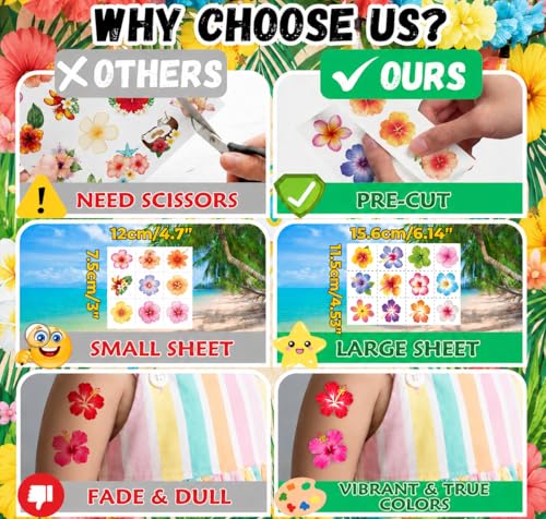 96 Tropical Flower Temporary Tattoos - Hibiscus Hawaiian Party Favors