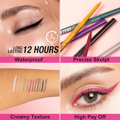 Waterproof Retractable Cream Eyeliner, 12-Hour Long-Lasting, 12 Shades