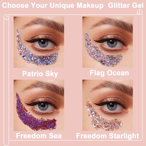 Boko 50ML Red White Blue Body Glitter Gel, 4th of July Chunky Glitter for Face Hair Body Pride Makeup, Patriotic Glitter for Independence Day Memorial Day Veterans Day Flag Party Rave Accessories