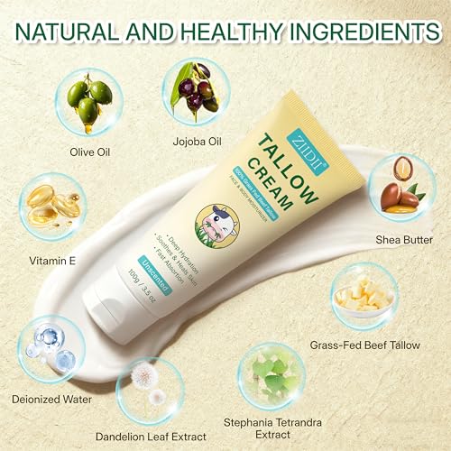 Beef Tallow for Skin, Whipped Grass Fed Beef Tallow Moisturizer, Organic Tallow Face Moisturizer Body Balm Cream, Natural Unscented Deep Nourishment for Dry Skin, 3.5oz