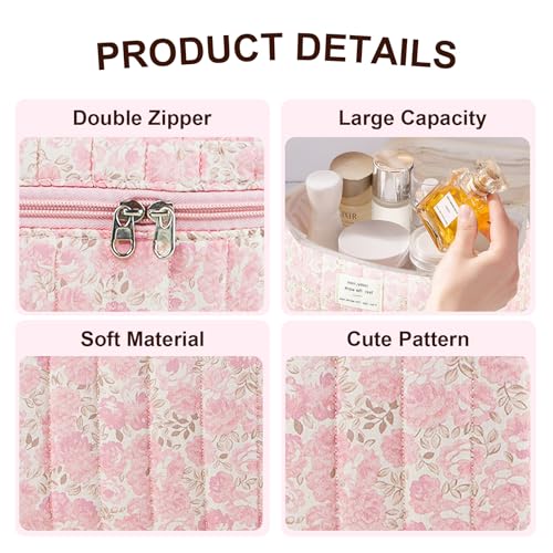 Makeup Bag, Floral Quilted Cosmetic Bag, Large Travel Aesthetic Make up Bag, Cute Coquette Toiletry Bag for Women Girls
