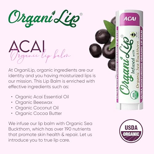 OrganiLip Organic Lip Balm, Acai Flavor, Ultra Hydrating Lip Moisturizer for Cracked or Dry Lips, Oval Shaped Tube, USDA Certified Organic, 3 Pack