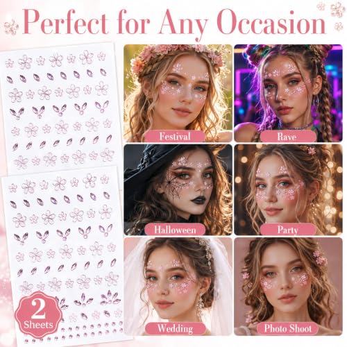 3D Pink Flower Face Gems Stickers - Self-Adhesive Rhinestone Jewels (2 Sheets)