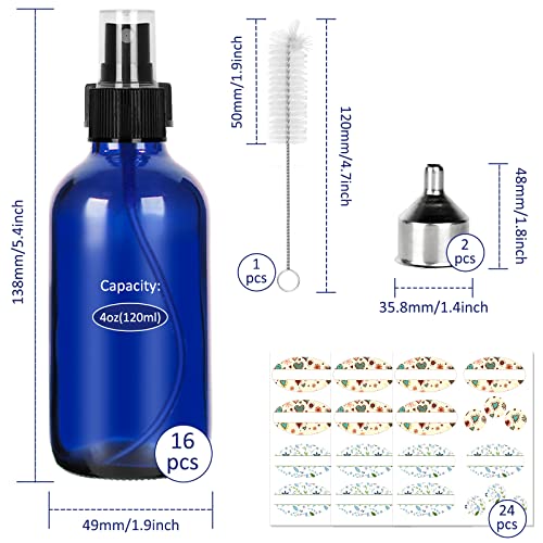 CycleMore 120ml 16 Pack 4oz Blue Glass Spray Bottles with Fine Mist Sprayers, Glass Travel Bottles for Cosmetic, Essential Oils, Cleaning Solutions, Perfumes & More Liquids Ideal for Friends