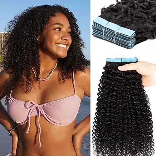 Urbeauty 40 Pcs Tape in Hair Extensions Human Hair Black Women Seamless Kinky Curly Tape on Hair Extensions with Invisible Tape Attached Semi Permanent Tape on Natural Hair