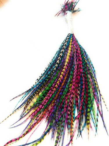200 Short Real Rooster Feathers Rainbow Hair Extensions