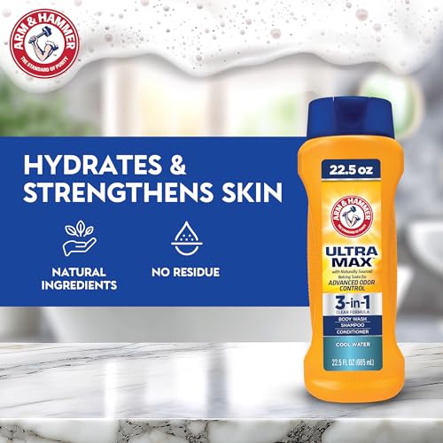 Arm & Hammer Essentials Mens Body Wash - Ultra Max 3-in-1 Cool Water 22.5oz - Mens 3 in 1 Shampoo Conditioner Body Wash - Non Toxic Body Wash