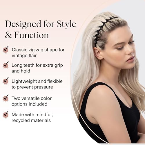 Kitsch Zig Zag Comb Headbands for Women - 2 Pack Black & Tortoise