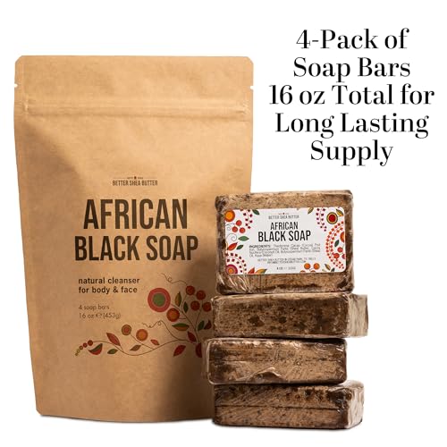 Raw African Black Soap Bar, 4 Pack (16 oz Total) - 100% Pure & Authentic Black African Soap from Ghana | With Shea Butter for Face & Body | Unscented Bar Soap for Men and Women