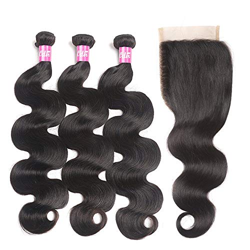 Odir Body Wave Human Hair Bundles with Closure 14 16 18+12 Inch Unprocessed 10A Brazilian Body Wave Virgin 3 Bundles with 4x4 Lace Clsoure Natural Color