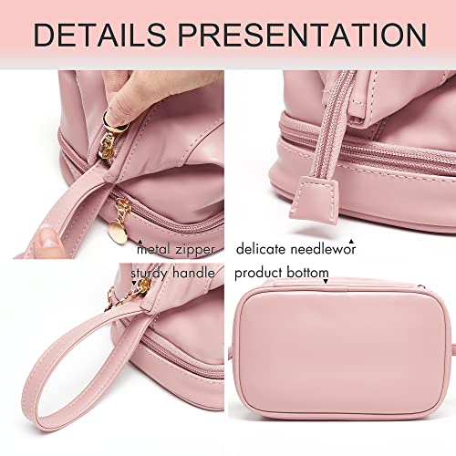 Large Makeup Bag, Double Layer Cosmetic Bag, Leather Make Up Bag with Brush Organizer, Portable Travel Makeup Bag, Makeup Organizer Bag Toiletry Bag for Women and Girls (Pink)