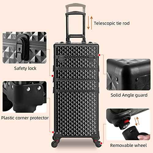 Rolling Makeup Case 4 in 1,Professional Makeup Train Case organizers,Large Storage Cosmetic case Trolley,Makeup Travel Case for Salon Barber Bright Black