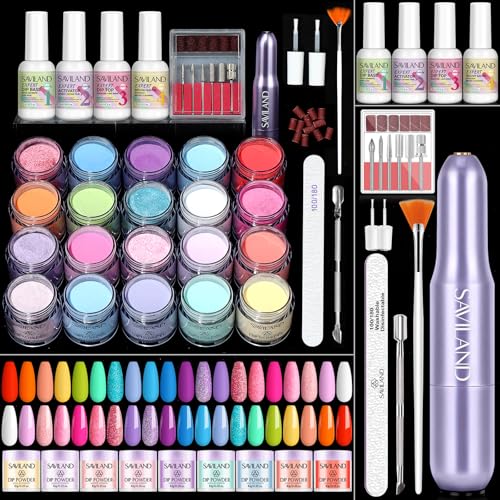 SAVILAND Dip Powder Nail Kit with Drill - 20 Colors Summer Neon Dip Nails Powder Starter Kit with Everything Dip Liquid Dipping System Base Top Coat Activator Manicure Art Salon DIY Christmas Gift