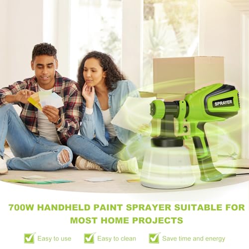 Paint Sprayer 700W, HVLP Electric Spray Paint Gun, with 4 Nozzles and 3 Patterns Cleaning & Blowing Joints Easy to Clean for Home Interior Cabinets Fence Walls Door Garden Chairs etc. VF803 Green