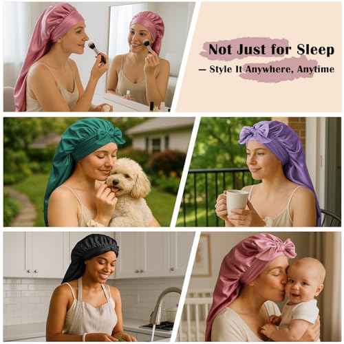 Long Hair Bonnet for Women, XL Silky Satin Sleeping Cap with Tie Band for Braids Curly Hair, Includes 10PCS Scrunchies