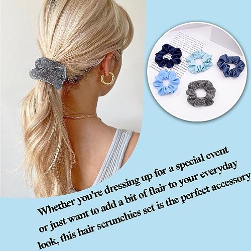 BEGOOD Scrunchies for Women's Hair Scrunchies Hair Scrunchy Elastic Hair Ties Hair Scrunchie Bobbles Hair Bands Ponytail Holder Hair Accessories 5Pcs Blue Set