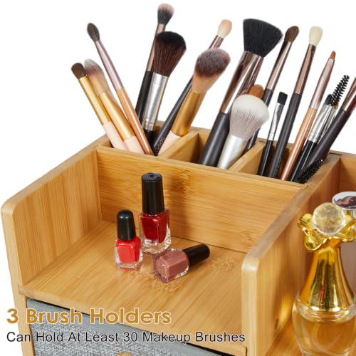 X-cosrack Natural Bamboo 3-Tier Large Makeup Organizer with 3 Drawers & 10 Compartments
