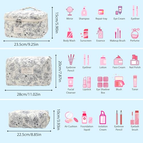Quilted Makeup Bag, Large Capacity Travel Cosmetic Bag for Women and Girls, Aesthetic Storage for Daily and Travel Use (3pcs-BlackFloral)