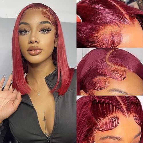 14 Inch 200% Density Red Bob Wig Human Hair 13X4 HD Lace Front Wigs for Black Women Silky Straight Bob Lace Wigs Pre Plucked Hairline Red Wigs