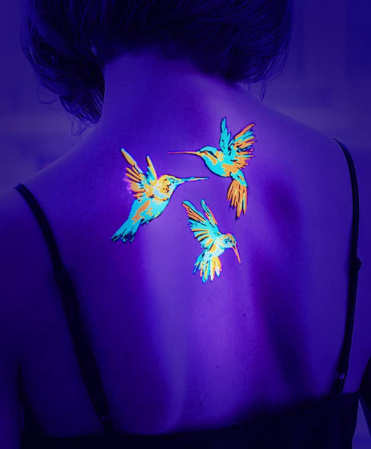 Temporary Tattoos-1 Sheets UV Blacklight Reactive Hummingbird Sparrow Bird Neon Glow Tattoo for EDC EDM Rave Party