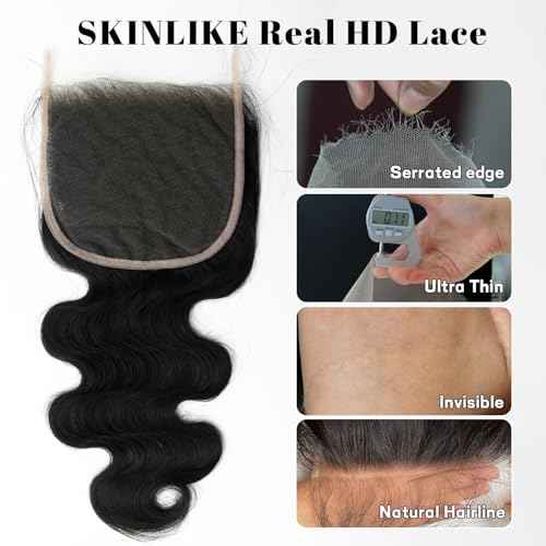KRN Body Wave Bundles with Closure Human Hair, Real 5x5 HD Lace Closure with Bundles (12 14 16+10 Inch) 12A Unprocessed Brazilian Virgin Human Hair Bundles with Closure Natural Color Thick Full End