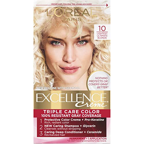 L'Oreal Paris Excellence Creme Permanent Triple Care Hair Color, 10 Lightest Ultimate Blonde, Gray Coverage For Up to 8 Weeks, All Hair Types, Pack of 1