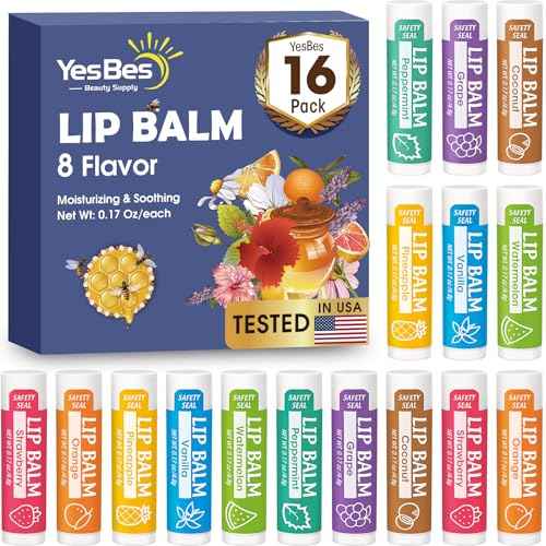 16 Pack Lip Balm, Natural Lip Balm Bulk with Vitamin E and Coconut Oil, Moisturizing Lip Balms for Dry Cracked Lips, Lip Balms for Stocking Stuffers - 8 Flavors