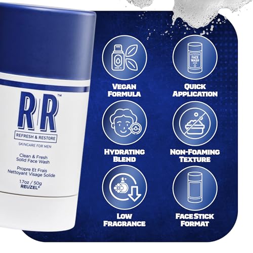 REUZEL Clean and Fresh Solid Face Wash Stick, Locks in Hydration, Cleansing, Moisturizing, Vegan Formula, Sulfate and Paraben Free, Light Maculine Scent, 1.7 oz